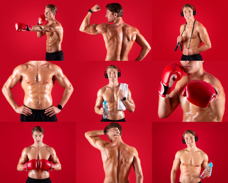 Fitness enthusiast demonstrating boxing on a bold red backdropの写真素材