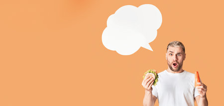 Thinking bubble. Man rejection of junk foodの写真素材