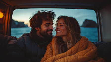 A couple enjoying a cozy moment together inside a van by the ocean at sunset, wrapped in a warm blanket. Generative AIの素材