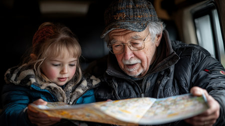 An elderly man and a young girl discover a map together while sitting in a vehicle on a chilly afternoon. Generative AIの素材