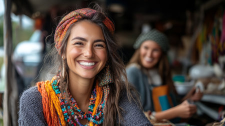 A joyful woman wearing colorful accessories and vibrant attire smiles at a market while her friend observes nearby on a sunny day. Generative AIの素材