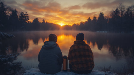 Two individuals enjoy a tranquil sunset over a serene lake surrounded by trees on a calm evening. Generative AIの素材