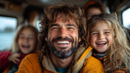 Happy family enjoying a joyful moment together inside a vehicle during a fun outing in the countryside in autumn. Generative AIの素材