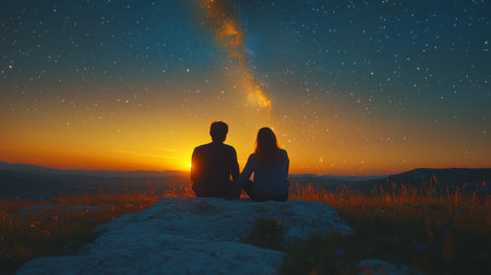 Couple watching the sunset surrounded by stars on a peaceful evening atop a hill under a vast night sky. Generative AIの素材