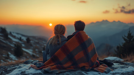 Couple enjoying a sunset together while wrapped in a blanket on a mountain peak during the golden hour in autumn. Generative AIの素材