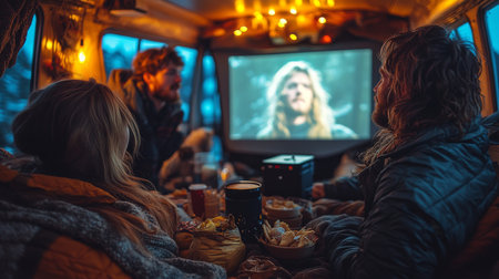 Cozy gathering inside a van with friends enjoying a film under warm lights during a chilly evening in the mountains. Generative AIの素材