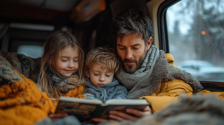 A father reading a book to his children inside a cozy van during a snowy winter afternoon in the mountains. Generative AIの素材