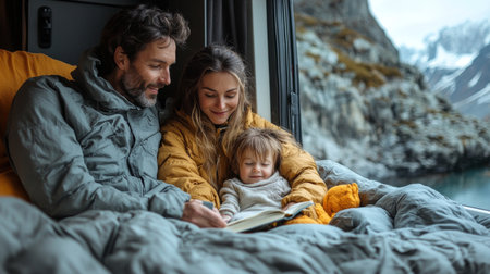 Family enjoying a cozy reading moment inside a camper van near a lake surrounded by mountains in the afternoon. Generative AIの素材