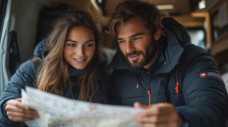 Young couple looking at a map while planning a road trip in a cozy camper van during early morning light. Generative AIの素材