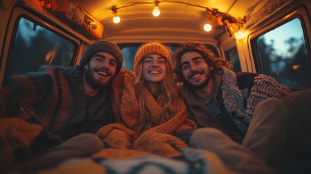 Three friends enjoying a cozy evening inside a vintage van with string lights in a serene outdoor setting during twilight. Generative AIの素材