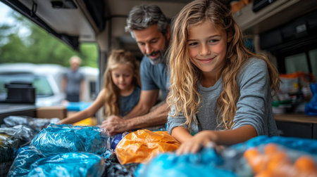 Family enjoying outdoor adventure while organizing camping gear in a recreational vehicle during a sunny day. Generative AIの素材