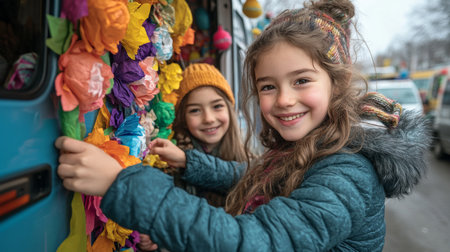 Two young girls decorating a festive vehicle with colorful flowers in a lively neighborhood during springtime. Generative AIの素材