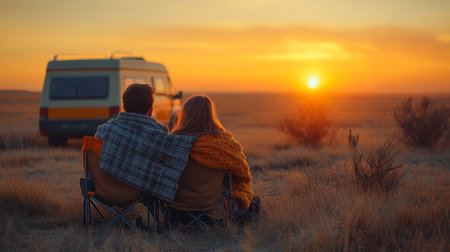 Couple enjoying a sunset while sitting outside their camper van in a serene landscape during a warm evening. Generative AIの素材