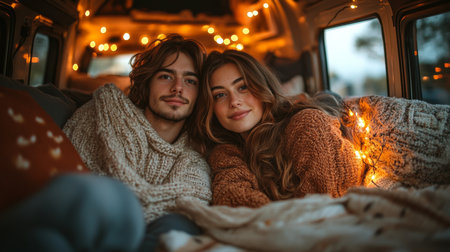Cozy couple wrapped in blankets enjoying a serene evening in a beautifully decorated van with warm lights. Generative AIの素材