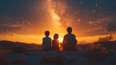 Children gazing at a vibrant sunset with starry sky on a tranquil evening in nature, enjoying a beautiful moment together. Generative AIの素材