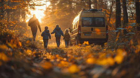 A family enjoying a sunset walk in the woods near their van during autumn vacation. Generative AIの素材
