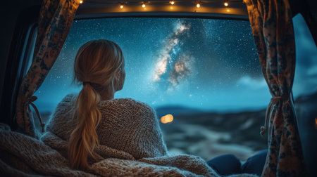Woman gazing at the starry night sky from a cozy van with glowing lights, enjoying a peaceful camping experience in nature. Generative AIの素材