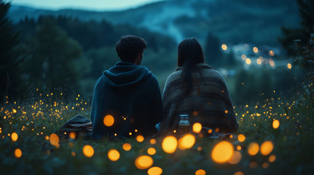 Couple enjoying a serene evening in nature surrounded by glowing fireflies on a summer night in the countryside. Generative AIの素材