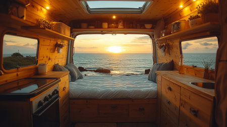 Cozy van interior with wooden decor and ocean view at sunset near a rocky shoreline. Generative AIの素材