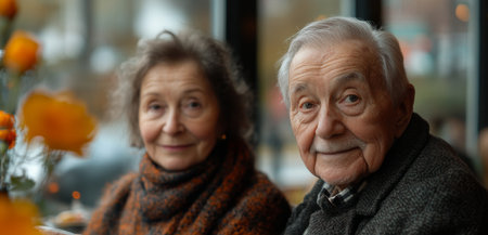 Elderly couple shares a warm moment together in a cozy cafe adorned with flowers during autumn. Generative AIの素材