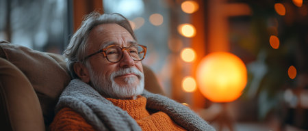 Warm and cozy indoors, an elderly man enjoys peaceful moments by the window during winter, surrounded by glowing lights. Generative AIの素材