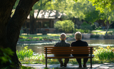 Elderly couple enjoying a peaceful moment on a bench by the serene lake in a lush park during a sunny afternoon. Generative AIの素材