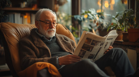 An elderly man reading a newspaper while relaxing in a cozy chair surrounded by indoor plants during the evening hours. Generative AIの素材