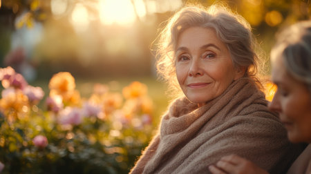 A warm afternoon in the garden featuring two elderly women enjoying flowers and companionship during golden hour. Generative AIの素材