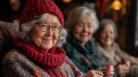 Joyful elderly women knitting together indoors during a cozy afternoon in a warm and inviting setting. Generative AIの素材