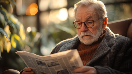 Elderly man engaged in reading a newspaper while sitting comfortably in a cozy living room surrounded by plants. Generative AIの素材