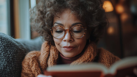 A woman reading a book by the window on a cozy afternoon in a warm sweater with soft lighting illuminating her space. Generative AIの素材