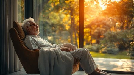 An elderly man enjoys a peaceful moment in his cozy chair, relaxing by the window as the golden sunset casts warm light. Generative AIの素材