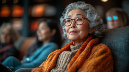 Elderly woman enjoying a cultural gathering with friends in a cozy indoor setting during the afternoon. Generative AIの素材