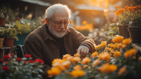 An elderly man enjoying the tranquility of a flower market while tending to vibrant yellow marigolds at sunset. Generative AIの素材