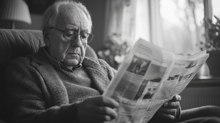 Elderly man reads a newspaper while sitting comfortably in a cozy chair near a window in a sunny room. Generative AIの素材