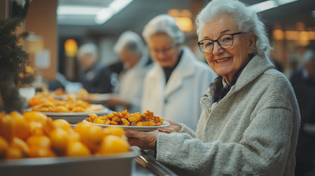 Warm-hearted elderly woman serving herself at a community buffet during a sunny afternoon in a cozy dining hall. Generative AIの素材