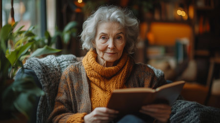 Elderly woman reading a book in a cozy chair surrounded by plants in a warm, softly lit living room during the afternoon. Generative AIの素材