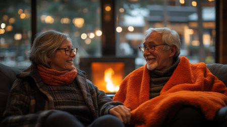 Cozy winter evening by the fireplace with a happy couple enjoying each others company in a warm cabin setting. Generative AIの素材