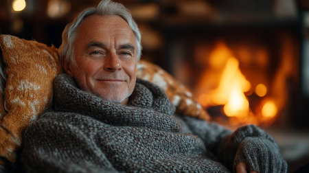 A cozy evening by the fireplace with a content older man relaxing in a warm sweater during the winter months. Generative AIの素材