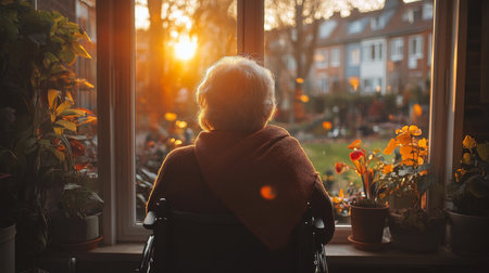 An elderly woman enjoys the sunset view from her wheelchair while surrounded by vibrant plants in a cozy home garden. Generative AIの素材