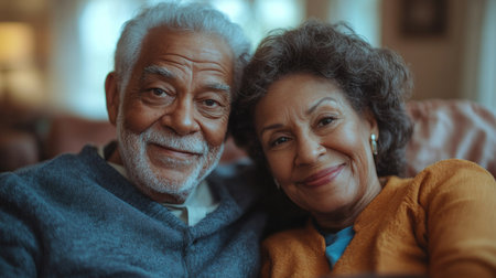 Older couple smiles warmly while sitting together on a cozy sofa in their comfortable living room during a quiet afternoon. Generative AIの素材