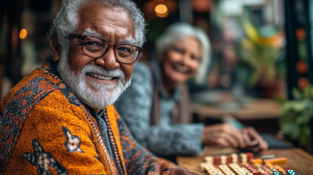Senior couple enjoying a cheerful game night at a cozy cafe, smiling and sharing laughter with friends around sunset. Generative AIの素材