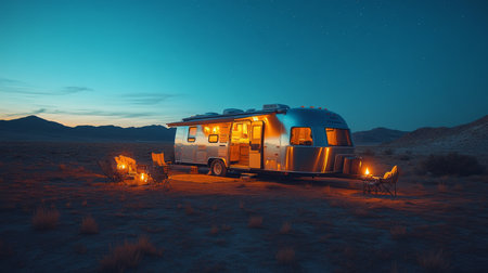 Campers enjoying a serene evening by the glowing Airstream in the desert under a starry sky. Generative AIの素材