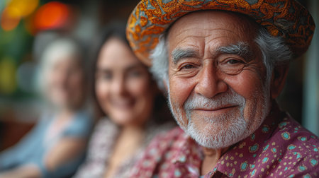 Elderly man smiles warmly while sitting with friends in a cozy cafe during an afternoon gathering. Generative AIの素材