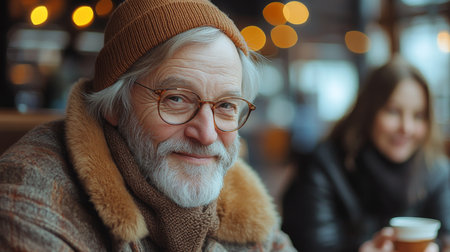 A senior man wearing glasses and a beanie smiles warmly while seated at a cozy cafe in winter with a woman enjoying coffee. Generative AIの素材