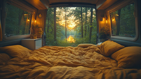 Cozy van interior with yellow bedding overlooking a serene sunset by the lake in a forest setting. Generative AIの素材