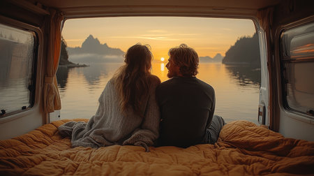 Couple enjoys a peaceful sunset view from their cozy camper van overlooking a tranquil lake in a serene natural setting. Generative AIの素材