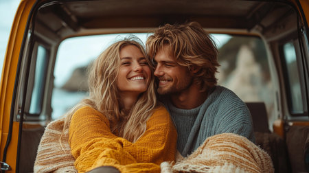Joyful couple sharing a cozy moment inside a vintage van at the beach during a cloudy afternoon. Generative AIの素材