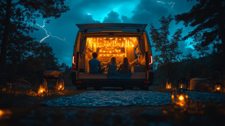 Enjoying a cozy evening with friends in a camper van while a thunderstorm rages in the background during twilight. Generative AIの素材