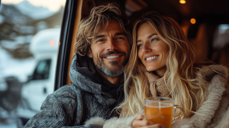 A cozy couple enjoys warm drinks together inside their van amid a snowy landscape during a winter getaway. Generative AIの素材